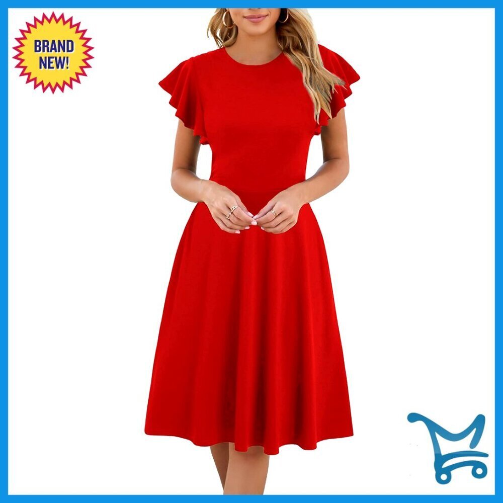 Semi-Formal Ruffle Sleeves V-Back Fit and Flare Cocktail Dress with Pockets